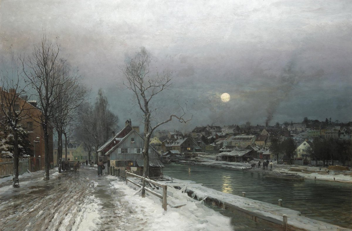 DailyClassicArt's tweet image. Anders Andersen Lundby - &quot;A Busy Town in Moonlight&quot; (1882)