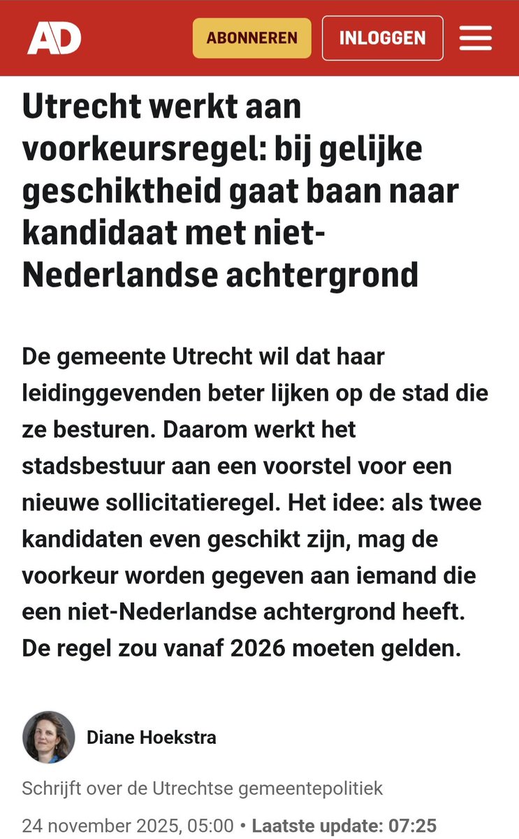 widtvoet's tweet image. Gemeente Utrecht gaat het discrimineren van (autochtone) Nederlanders formaliseren binnen haar personeelsbeleid.

Zo werkt het stadsbestuur aan de regel dat bij gelijke geschiktheid van kandidaten voor bepaalde functies degene met een buitenlandse achtergrond de voorkeur krijgt.