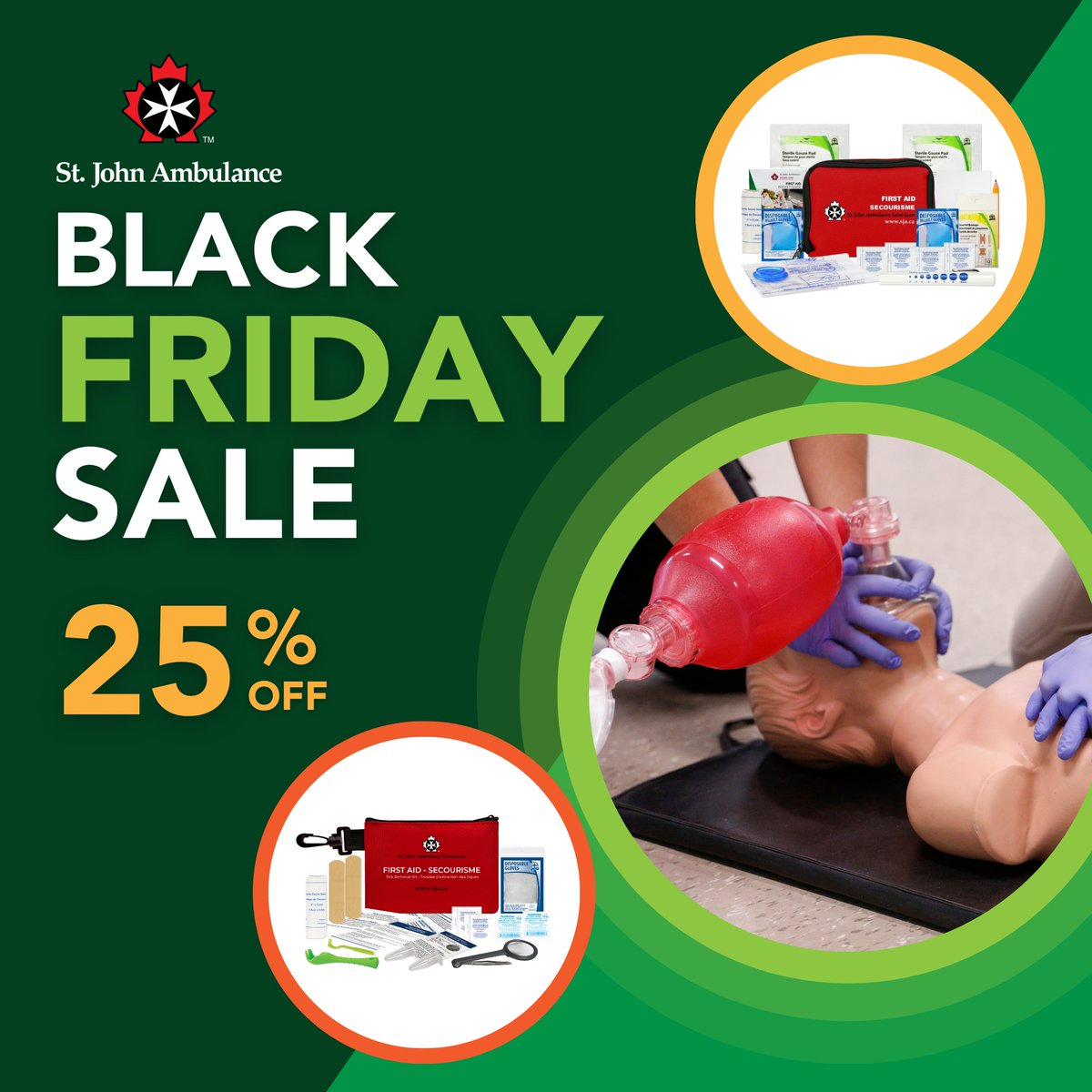 This holiday season, help your loved ones be prepared for anything with one of our first aid kits!

Shop our Black Friday sale early, and take 25% off our e-store (excluding AEDs and AED supplies) with code BLACKFRIDAY25.

Shop now: sja.ca/en