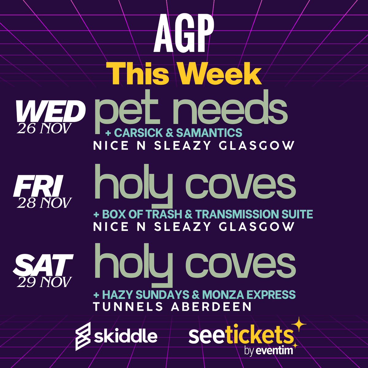 𝙏𝙝𝙞𝙨 𝙒𝙚𝙚𝙠 𝙛𝙧𝙤𝙢 𝘼𝙂𝙋

𝙏𝙞𝙘𝙠𝙚𝙩𝙨 &gt;&gt; skiddle.com/g/agp-gigs/