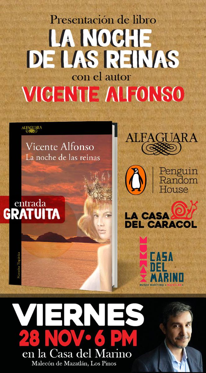Amigos, nos vemos este viernes en Mazatlán, en la Casa del Marino, 6 pm, para presentar la noche de las reinas y celebrar el aniversario de La Casa del Caracol.
<a href="/penguinlibrosmx/">Penguin Libros México</a> <a href="/AlfaguaraMex/">Alfaguara Editorial</a> <a href="/casadelcaracol/">La Casa del Caracol</a>