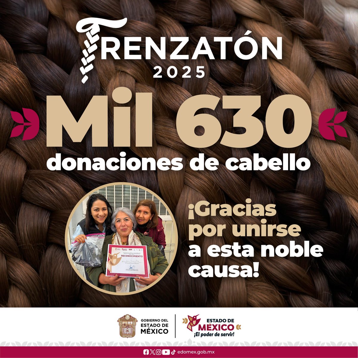 delfinagomeza's tweet image. ¡Gracias a las y los mexiquenses que se sumaron al #Trenzatón2025!
Con esta acción, niñas, niños, adolescentes y mujeres que se encuentran dando la batalla contra el cáncer recibirán pelucas oncológicas que les ayudarán a fortalecer su autoestima y brindar bienestar emocional.…