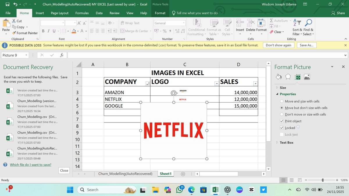 wizzo_24's tweet image. I’m learning excel in public for the next 30 days
Day 1 of my 30-Day Excel Journey 📘✨

Today I learned how to work with pictures in Excel.
It felt like trying to keep playful kids in one place 😂
I learned:
👇👇👇