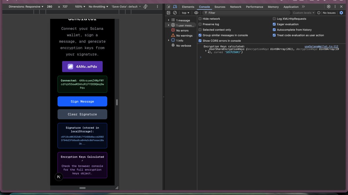 ephemeral keys.

With a Solana wallet, you can sign a message and generate encryption keys from that signature. Then you use those keys to create a dWallet.

This makes the Solana wallet secure the user share of the dWallet, and it can interact with it at any time.

This solves