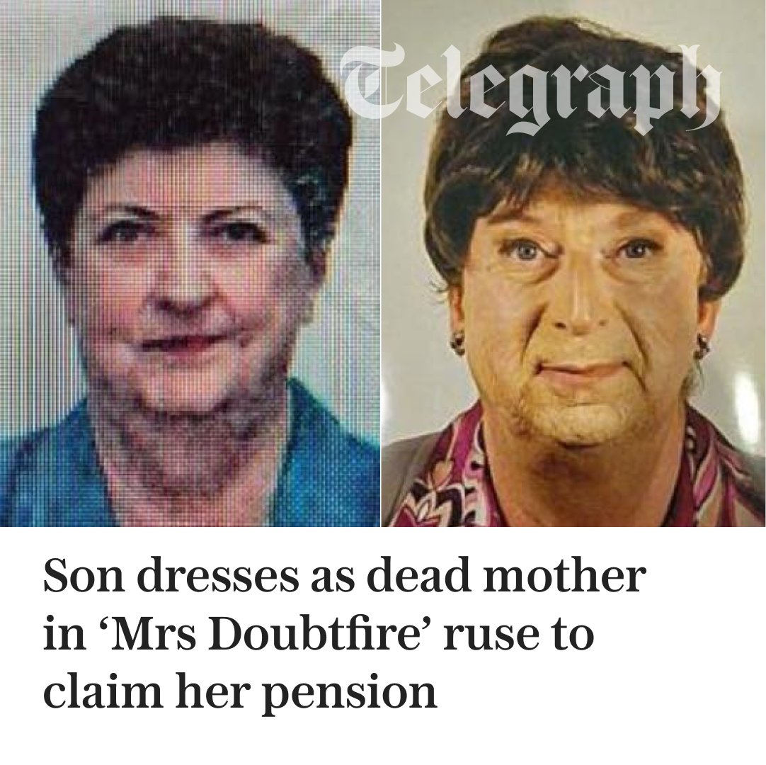 Telegraph's tweet image. 🔴 An unemployed Italian man has been accused of dressing up as his dead mother, complete with lipstick and pearl necklace, to fraudulently claim her pension in a bizarre case that has been dubbed the “Mrs Doubtfire” scandal

Find out more ⬇️
telegraph.co.uk/world-news/202…