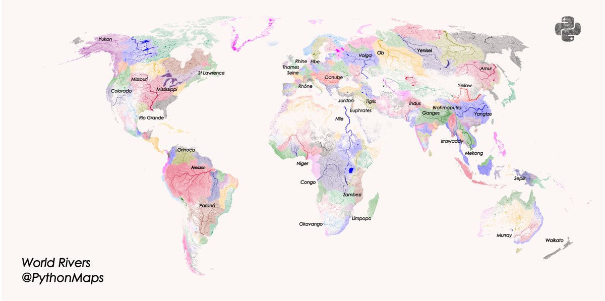 PythonMaps's tweet image. Day 24 of the #30DayMapChallenge - Places and their names - Here are the World&apos;s rivers with labels on some of the major ones.