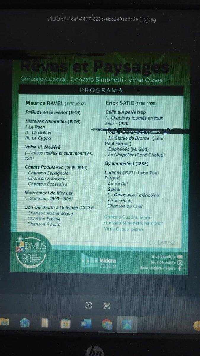 El 26 de noviembre a las 19 horas: “Rêves et Paysages” (sueños y paisajes). Música de Maurice Ravel y Erick Satie. Con Virna Osses (Piano), Gonzalo Cuadra (Tenor), Gonzalo Simonetti (Barítono). Compañía 1264 #EntradaLiberada