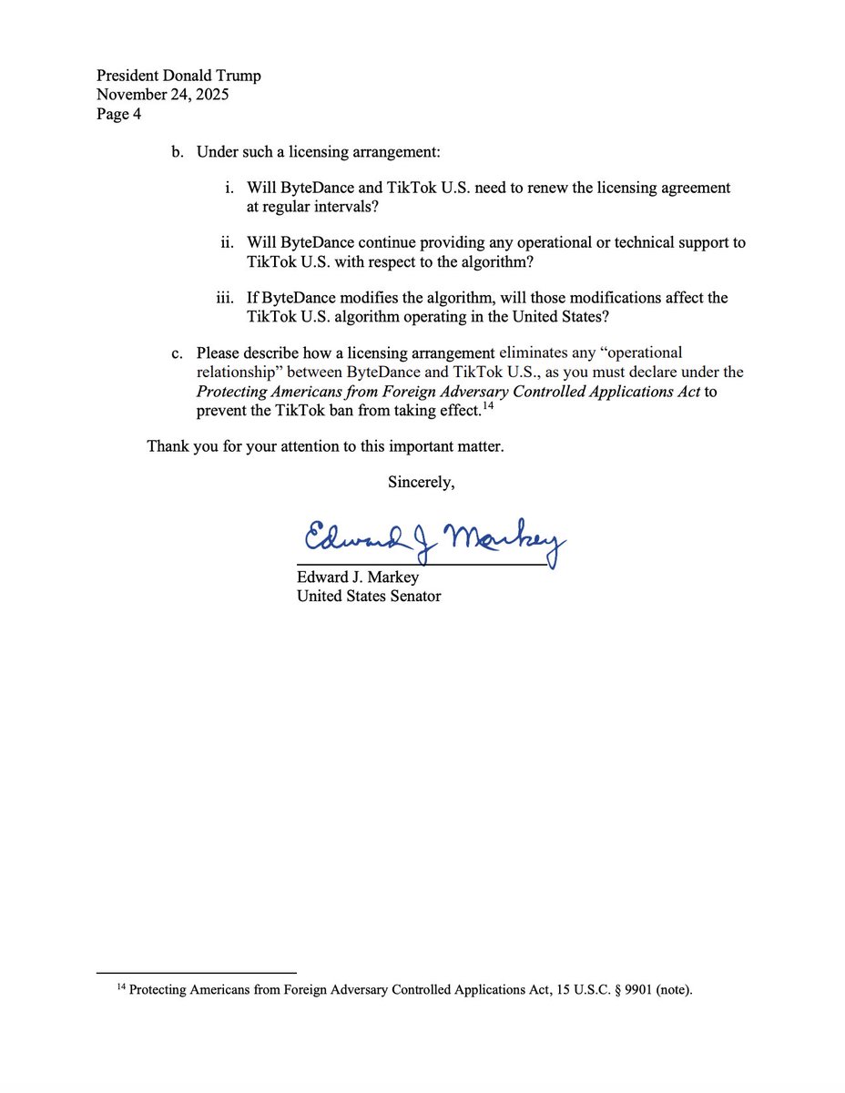Two months after Trump signed his TikTok executive order, there are still major questions about this supposed TikTok deal. I’m demanding full answers and transparency.