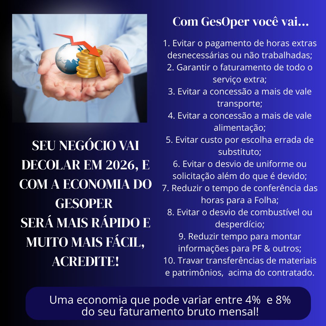 gesoper's tweet image. Em um mercado onde o lucro médio real não chega nem a 10%, qualquer descontrole nos custos é prejuízo na certa, e todo cuidado é pouco.
Ficaremos felizes em demonstrar:
📞 (51) 98441-9668 | (51) 98119-2130
Visite o nosso site: gesoper.com.br