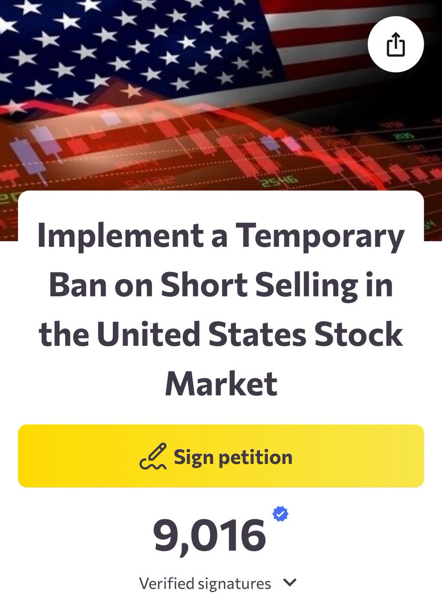 xMarketNews's tweet image. BREAKING🚨 OVER 9,000 RETAIL INVESTORS WANT DONALD TRUMP TO TEMPORARILY BAN SHORT SELLING TO INVESTIGATE NAKED SHORTING 

Like 👍 if you want this to happen