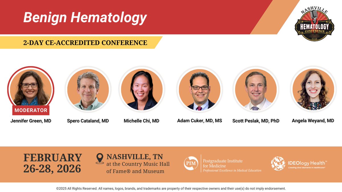 Curious how advances in benign hematology can transform your practice? At 2-day CE-accredited #NashvilleHeme26 conference, join top experts Drs. Jennifer Green, Spero Cataland, Michelle Chi, <a href="/CukerMd/">Adam Cuker MD, MS</a>, <a href="/PeslakLab/">Scott Peslak</a>, and Angela Weyward in Nashville, Feb 26–28, 2026. Early bird bonus:
