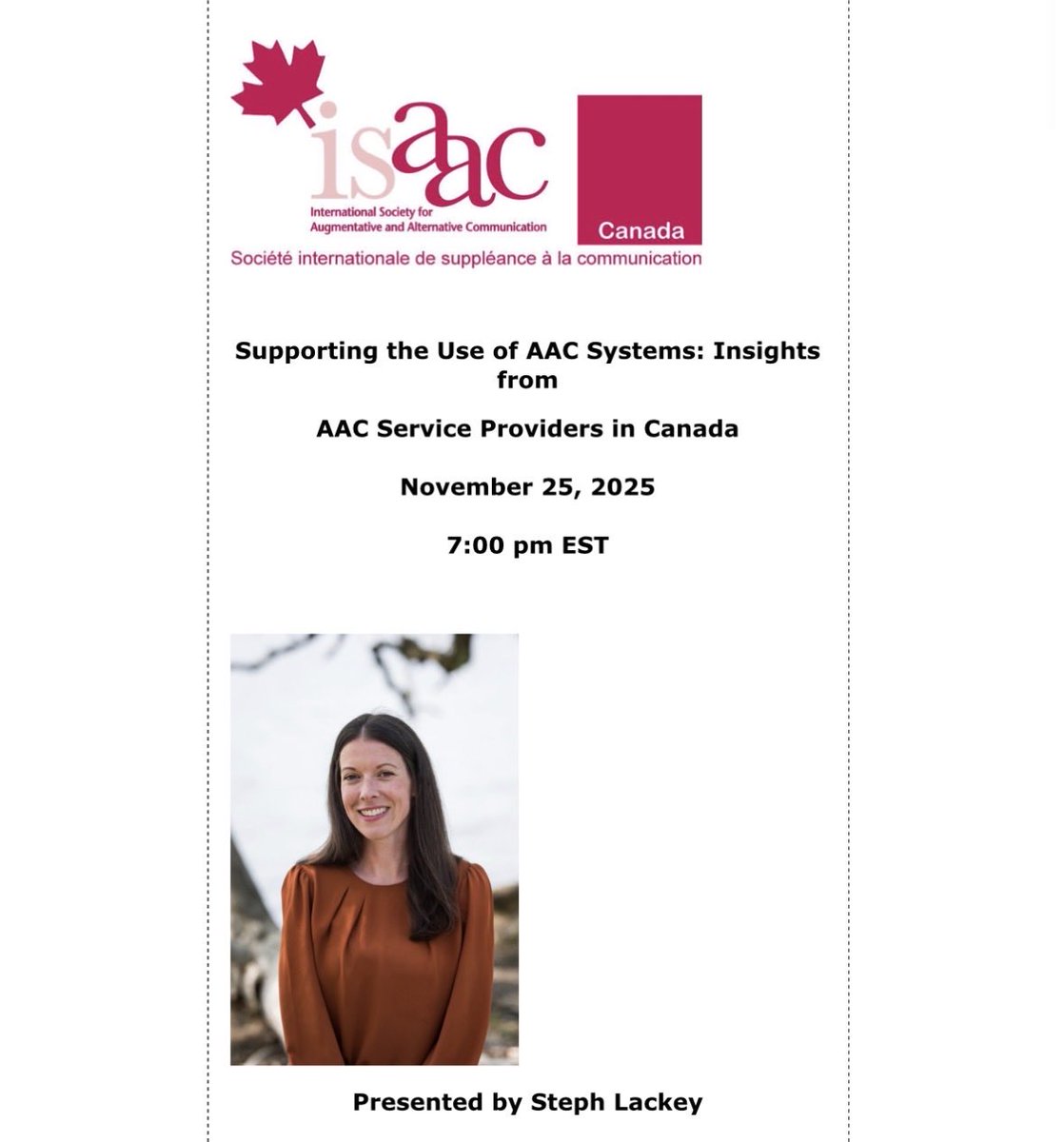 ISAAC_AAC's tweet image. Join us tomorrow at 7:00 p.m. EST for an ISAAC-Canada webinar on “Supporting the Use of AAC Systems: Insights from
AAC Service Providers in Canada” presented by Steph Lackey.

Learn more and register here: isaac-online.org/english/webina…

#AAC #AugComm #CommunicationTools #AACWebinar