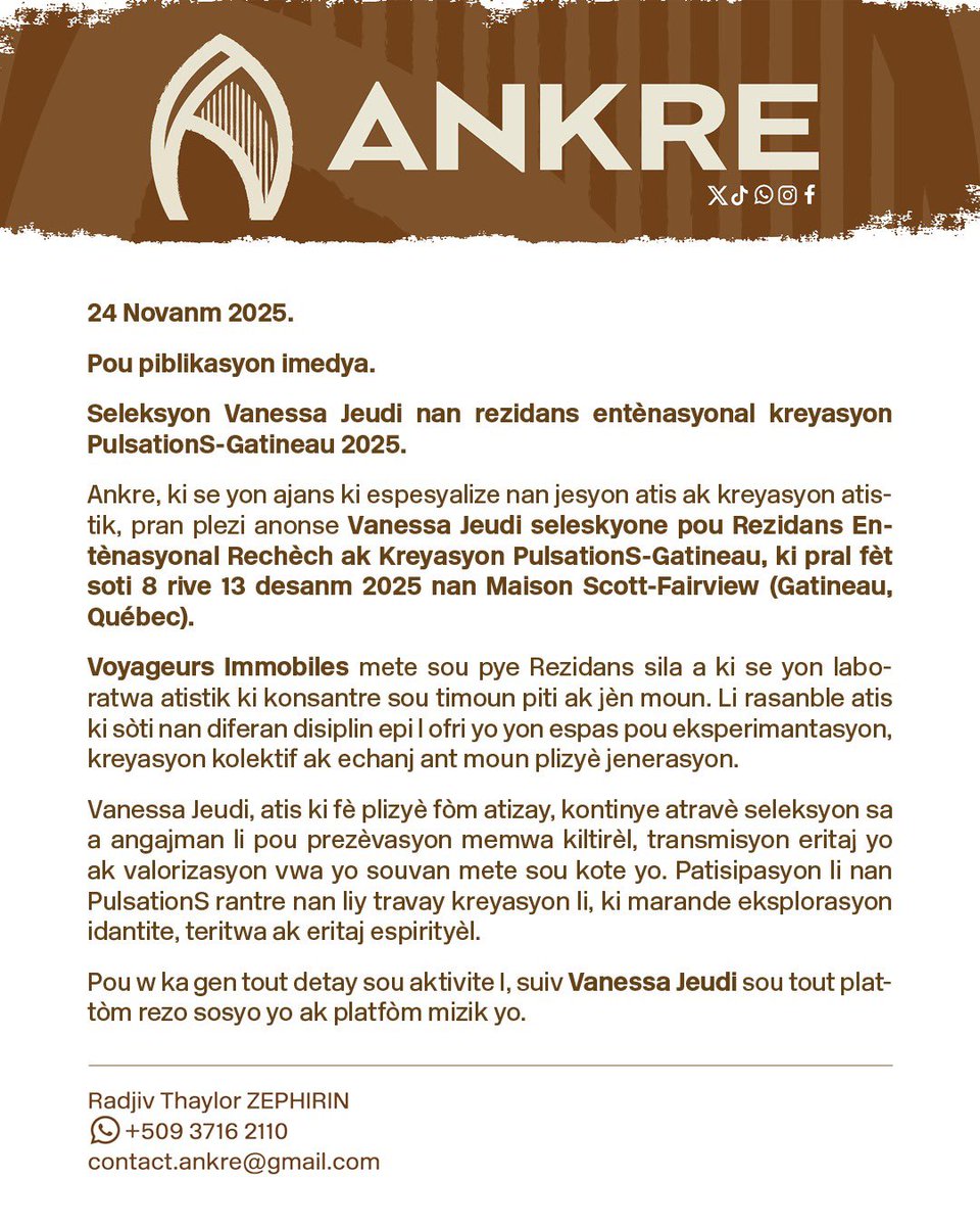 Ankre est heureux d'annoncer la sélection de Vanessa Jeudi à la résidence PulsationS-Gatineau 2025.

Pour rester informé.es, suivez Vanessa Jeudi  partout:

bit.ly/48fTCNo

#Atisankre #VanessaJeudi #PulsationS #ResidencedArtiste