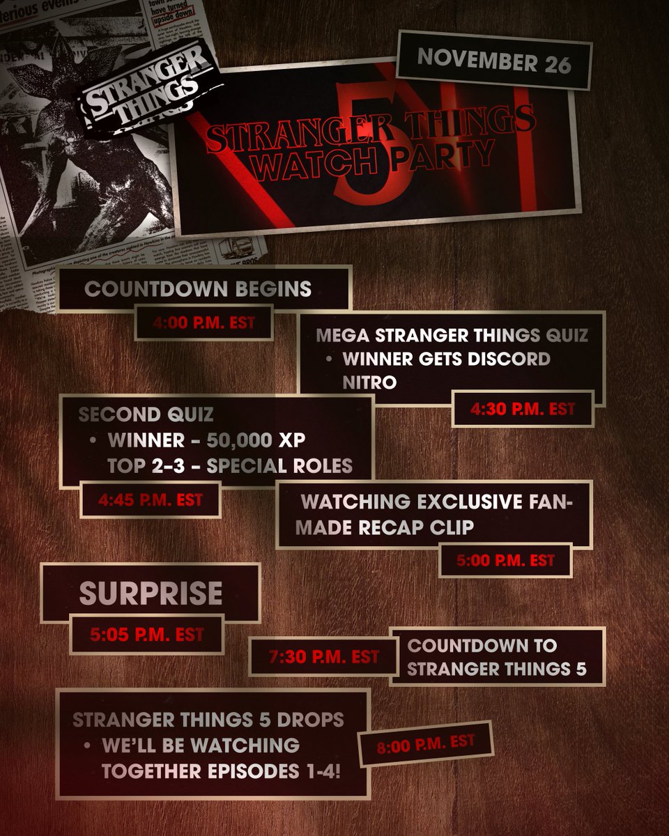 SThingsSpoilers's tweet image. Only 48 HOURS left until #StrangerThings5 returns!

Just a reminder that we’re hosting a fan-led ST5 watch party on our Discord server this November 26. 

We’ll be watching S5 Episodes 1–4 together, followed by night quizzes, giveaways, and community discussions.

Set your alarms…