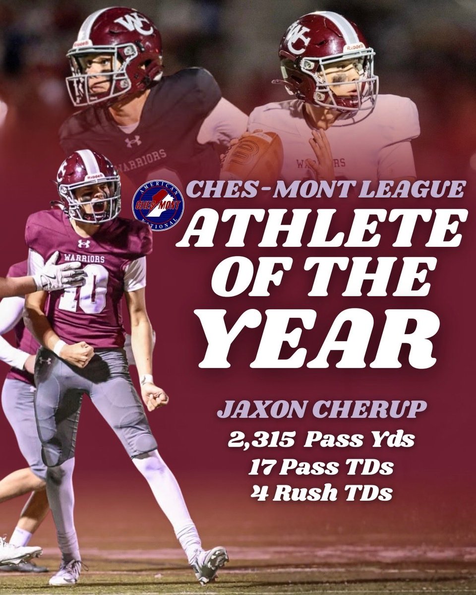 JaxonCherup5's tweet photo. I’m extremely grateful to be named the Ches-Mont League Athlete of the Year! The work continues.

Jr Year: https://t.co/GX415T0DMZ

@Henderson_FB @PRZVicCastillo @EPAFootball @ChescoGridiron @tdhald @NPCoachZim @nickcionci @zdathletics @iamCoachAbe @EdOBrienCFB https://t.co/HQyg0i12ky