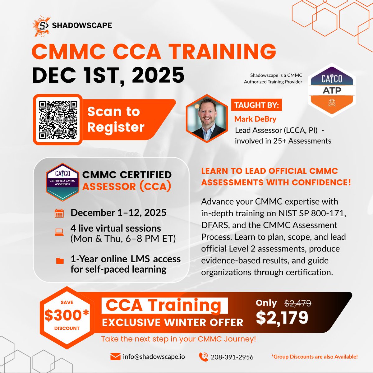 ShadowscapeTi's tweet image. 🚀 Starting Next Monday, 12/1!

We’re excited to launch the next CMMC Certified Assessor (CCA) class 

Course Schedule:

📅 Kickoff Session – Dec 1 | 4–6 PM MT (6–8 PM ET)
📅 Cohort 2 – Dec 4 | 4–6 PM MT
📅 Cohort 3 – Dec 7 | 4–6 PM MT
📅 Capstone Session – Dec 11 | 4–6 PM MT

✨…