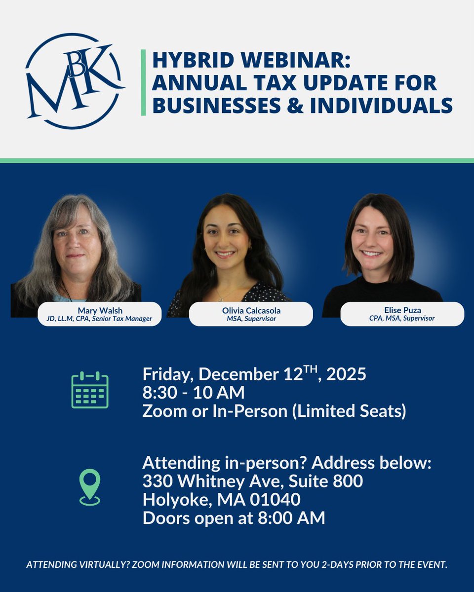 MBKCPA's tweet photo. Close out the year with attending MBK's Tax Update for Businesses and Individuals Hybrid Webinar on Friday December 12th, 2025 8:30-10 am. Seats are limited! Sign up today: https://t.co/hoegpowEaW

#accounting #tax #yearendplanning #2026 https://t.co/LhYkvkxgvJ