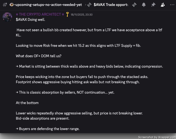 CryptArchitect_'s tweet image. It’s the plausible losses that teach the greatest lessons. 📚📝

Last week we had several key levels approach that, at the time, showed strong “sync” and alignment across major charts — making risk-on exposure and entering positions plausible.

A clear example was $AVAX: a strong…