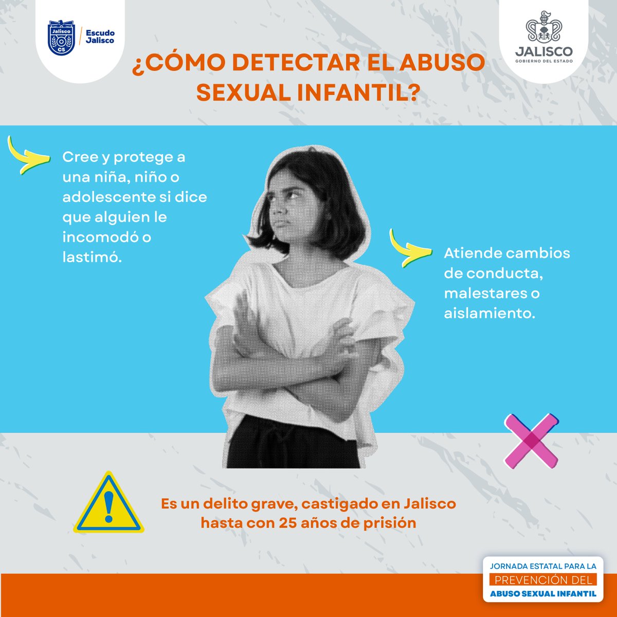 C5EscudoJalisco's tweet image. 🛡️ Desde C5 Escudo Jalisco te recordamos:
El abuso sexual infantil puede pasar desapercibido, pero las señales importan.

🔸 Cree y protege a una niña, niño o adolescente si expresa incomodidad o miedo.
🔸 Atiende cambios de conducta, malestares o aislamiento.