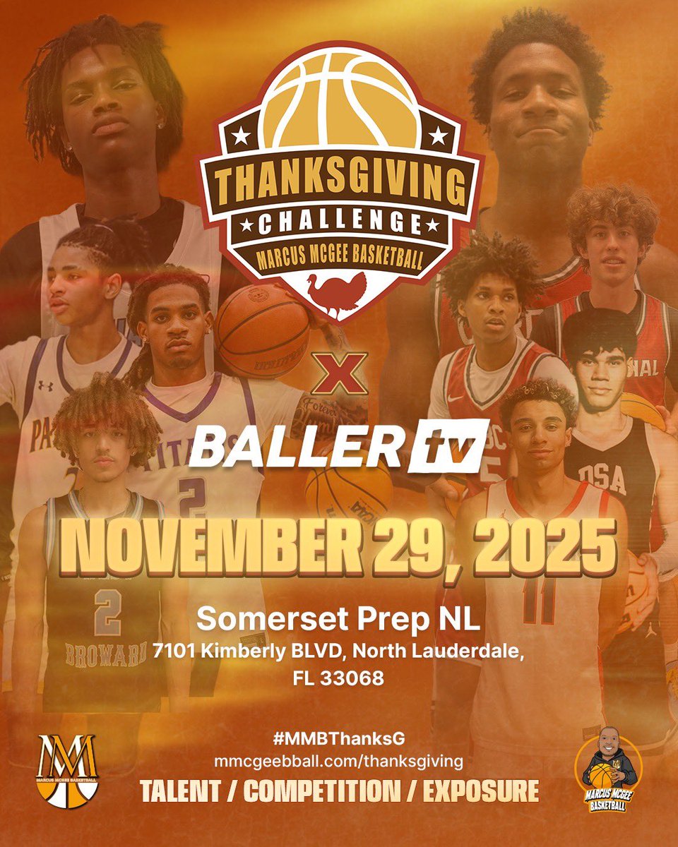 🚨 5 DAYS AWAY! 🚨
The Marcus McGee Basketball Thanksgiving Challenge is almost here — an action-packed day of Talent, Competition, and Exposure!

📅 Saturday, November 29, 2025
📍 Somerset Prep NL
7101 Kimberly Blvd, North Lauderdale, FL 33068

🔥 FULL GAME DAY LINEUP 🔥
9:30 AM