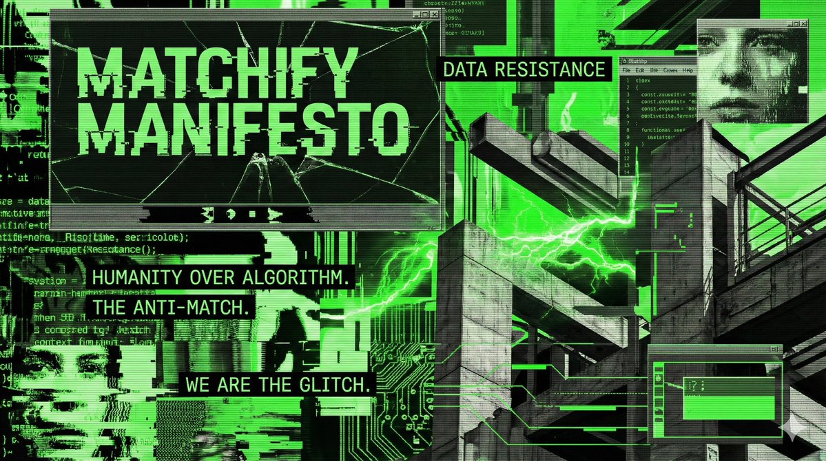 AppMatchify's tweet image. The system wants perfectly predicted data points. Give them chaos instead.

Reject the algorithm. Embrace the glitch. Put humanity back in the driver&apos;s seat.

Read the Matchify Manifesto.
⚡️💚🏴‍☠️
manifesto.matchify.app