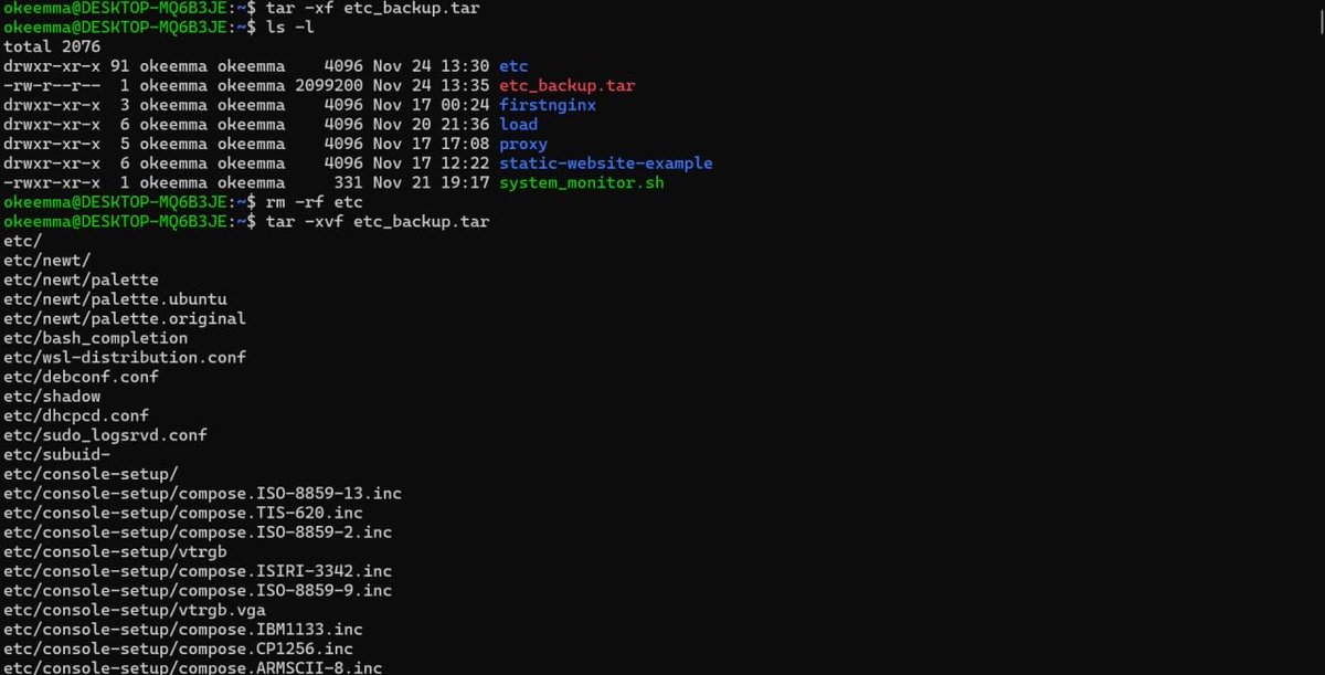 Okeanalysis's tweet image. Day 20 of My DevOps Journey
Today I worked with tar files
Copied an entire directory
Compressed it into a .tar archive
Also practiced creating a .tar.gz (zipped tar) file
Learning how to package and back up files the Linux way 🔥
#DevOps #Linux #100DaysOfDevOps #TechJourney