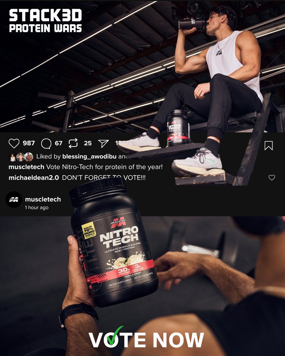 MuscleTech's tweet image. Nitro-Tech vs “the rest.” We all know how this ends. Go vote and make it official! 💪stack3d.com/protein-wars