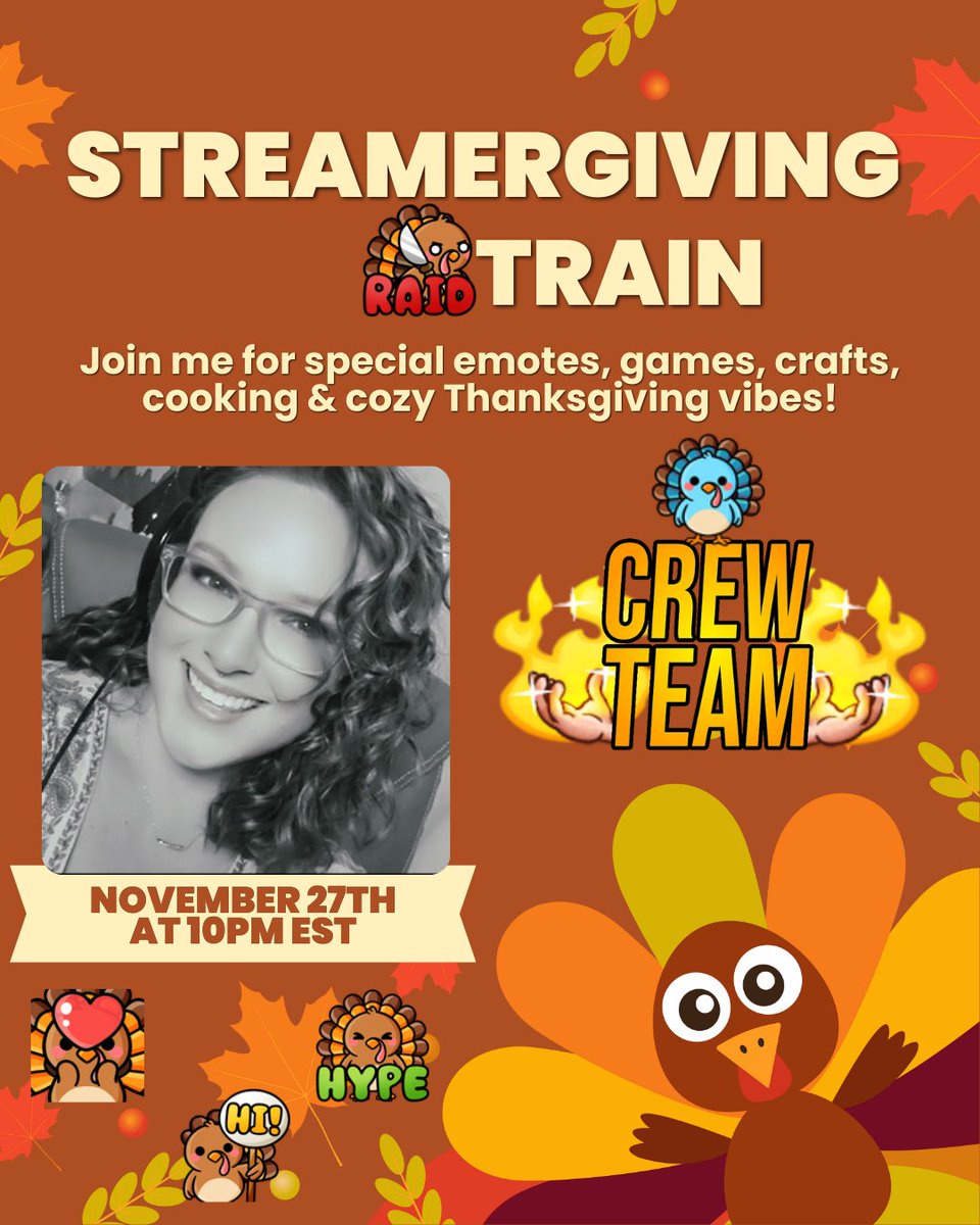 Stream has officially moved to Thanksgiving Day — November 27, 2025!
I’m eyeballs-deep in prepping for our feast and the Streamergiving Raid Train, so it’s a whole cozy chaotic vibe over here. 🍗🎮

I’ll have more details for you tomorrow — but for now, safe travels to everyone