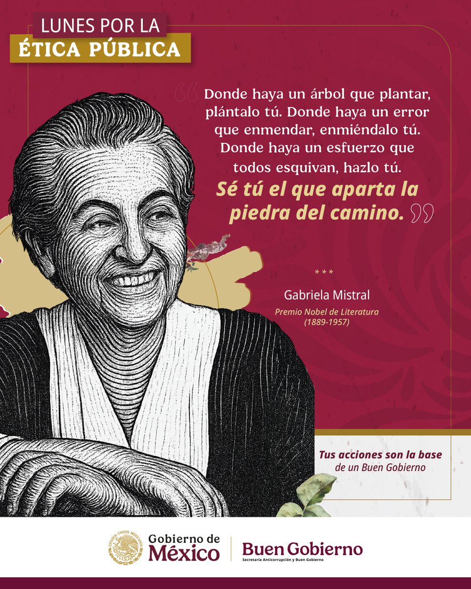 imjuvemx's tweet photo. ¡Hoy es #LunesPorLaÉticaPública! 💼
Gabriela Mistral nos recuerda que la integridad empieza por lo que hacemos cuando nadie nos ve: sembrar, corregir, actuar y abrir camino.
En el servicio p��blico, cada acción ética construye confianza y transforma vidas. 🇲🇽 https://t.co/kgksER7t5W
