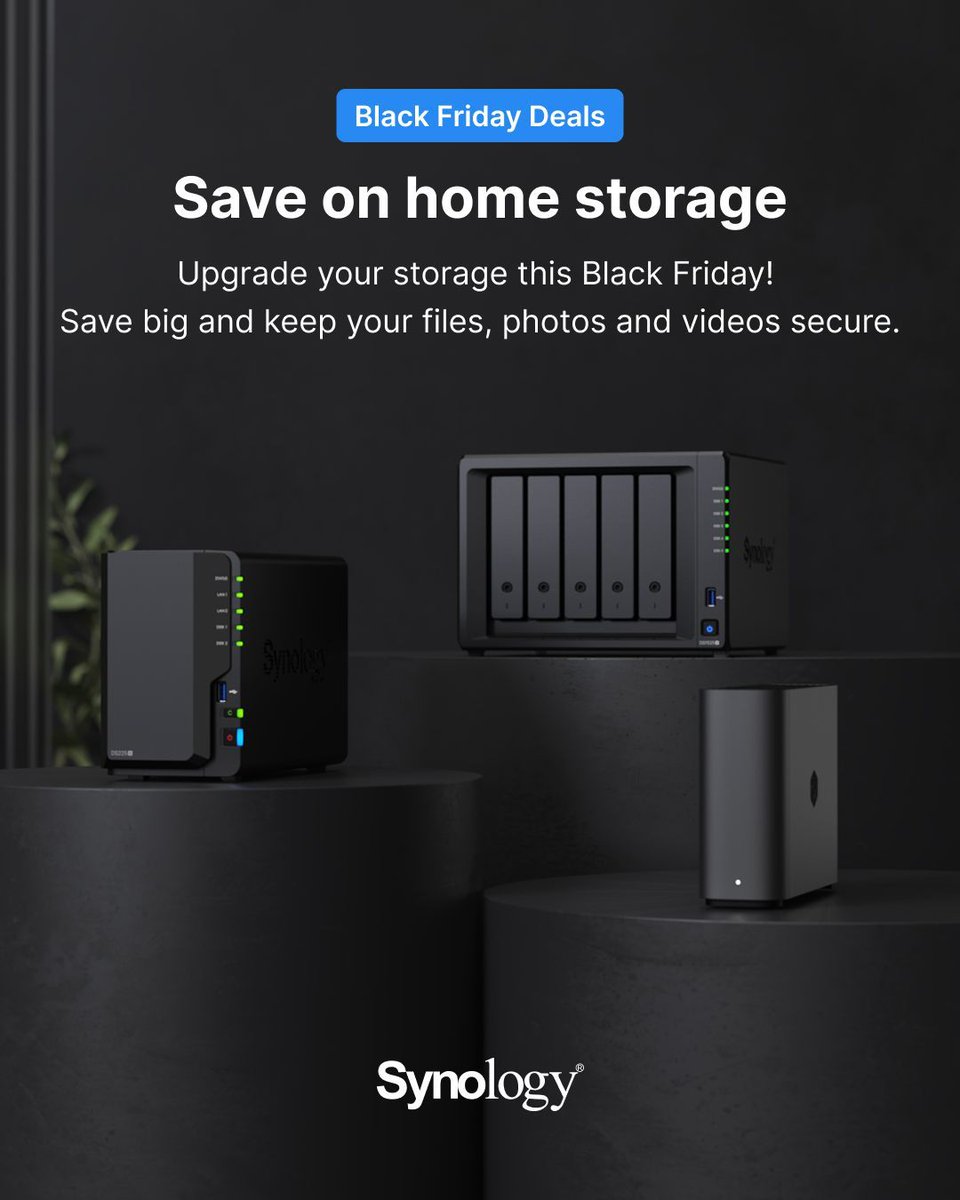 Synology's tweet image. If home storage has been on your wishlist, now’s the time! Our Black Friday deals are here! Click the link in our bio to shop at participating retailers.

#Datastorage #Homestorage #BlackFriday