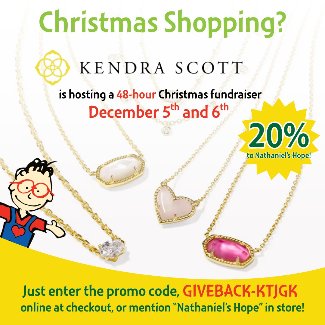 Kendra Scott is hosting a 48-hour Christmas fundraiser NEXT WEEK to donate 20% of all purchases to Nathaniel's Hope!

If shopping online: Enter the promo code GIVEBACK-KTJGK at checkout!
If shopping in person at Millenia Mall: Mention Nathaniel's Hope!

🗓December 5th and 6th