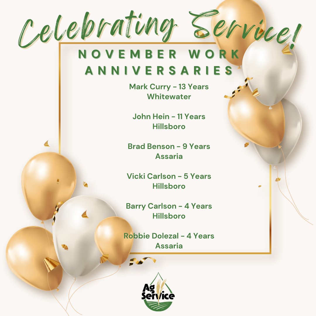 AgServiceInc2's tweet image. Join us in celebrating our November work anniversaries! 🎊Your passion for helping customers achieve their agricultural goals and expectations has made a lasting impact. 

Today and everyday, we are thankful for our outstanding employees! #AgServiceInc #NovemberWorkAnniversaries