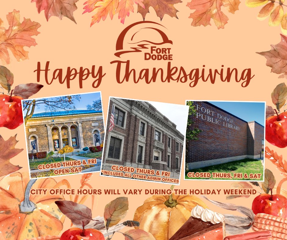 FDCITY's tweet image. Plan ahead for the holiday weekend! City Hall &amp;amp; offices closed Thu-Fri, Blanden Museum closed Thu-Fri, open Sat, Library closed Thu-Sat. Essential services remain active. Enjoy the holidays! 🦃