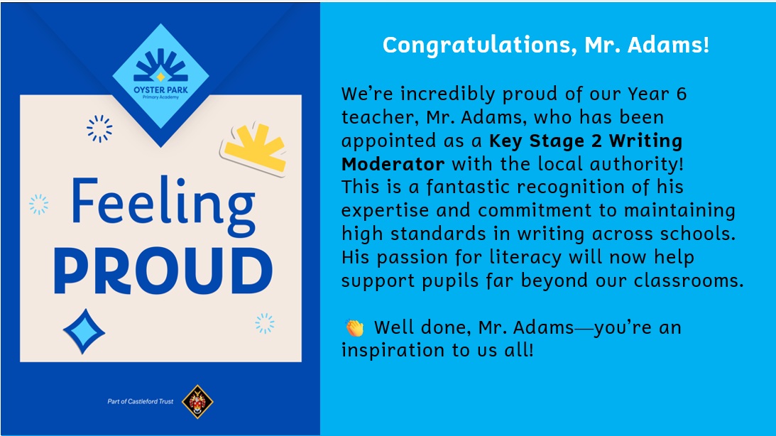 Oysterparkp's tweet photo. Congratulations, Mr Adams!
#TeamOyster #KS2Writing #LiteracyLeadership #EducationalExcellence #TogetherWeLearn #CareAspireSucceed #Castlefordtrust https://t.co/R2H2oaJnlJ