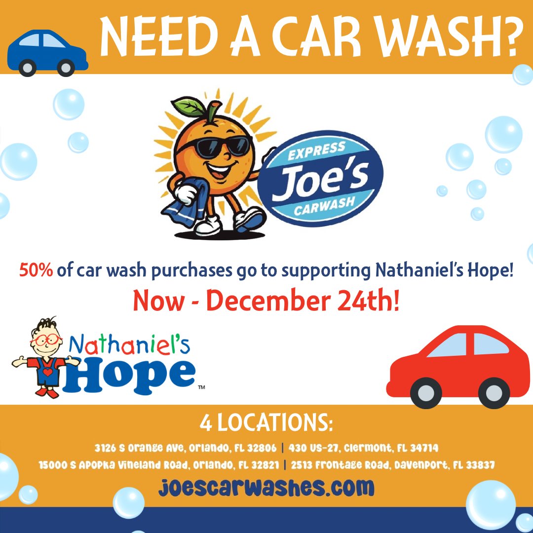 Joe's Express Carwash is supporting Nathaniel's Hope! 50% of any car wash you purchase online, whether its for yourself of for a friend, will go to Nathaniel's Hope. These would make for a great stocking stuffer! 
f.optspot.co/yml1fp9h
