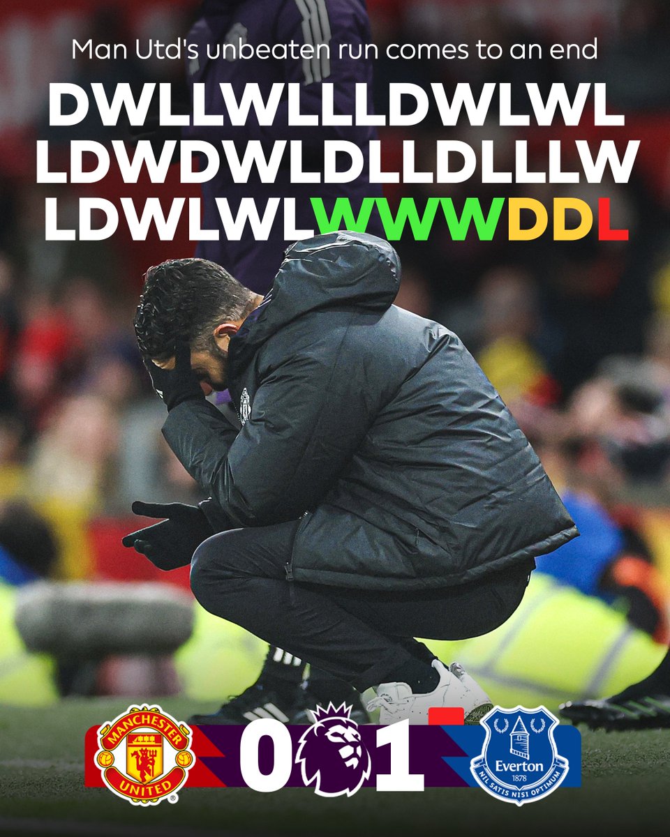premierleague's tweet image. Man Utd&apos;s longest unbeaten run under Ruben Amorim comes to an end at the hands of Everton 💔