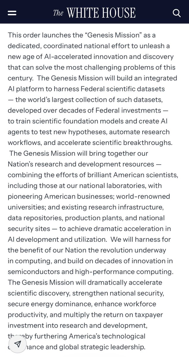 deanwball's tweet image. Very excited to see this AI for Science Executive Order—the Genesis Mission. The Administration has appropriately ambitious goals here; we may be on the verge of world-changing breakthroughs. Congratulations to all involved!