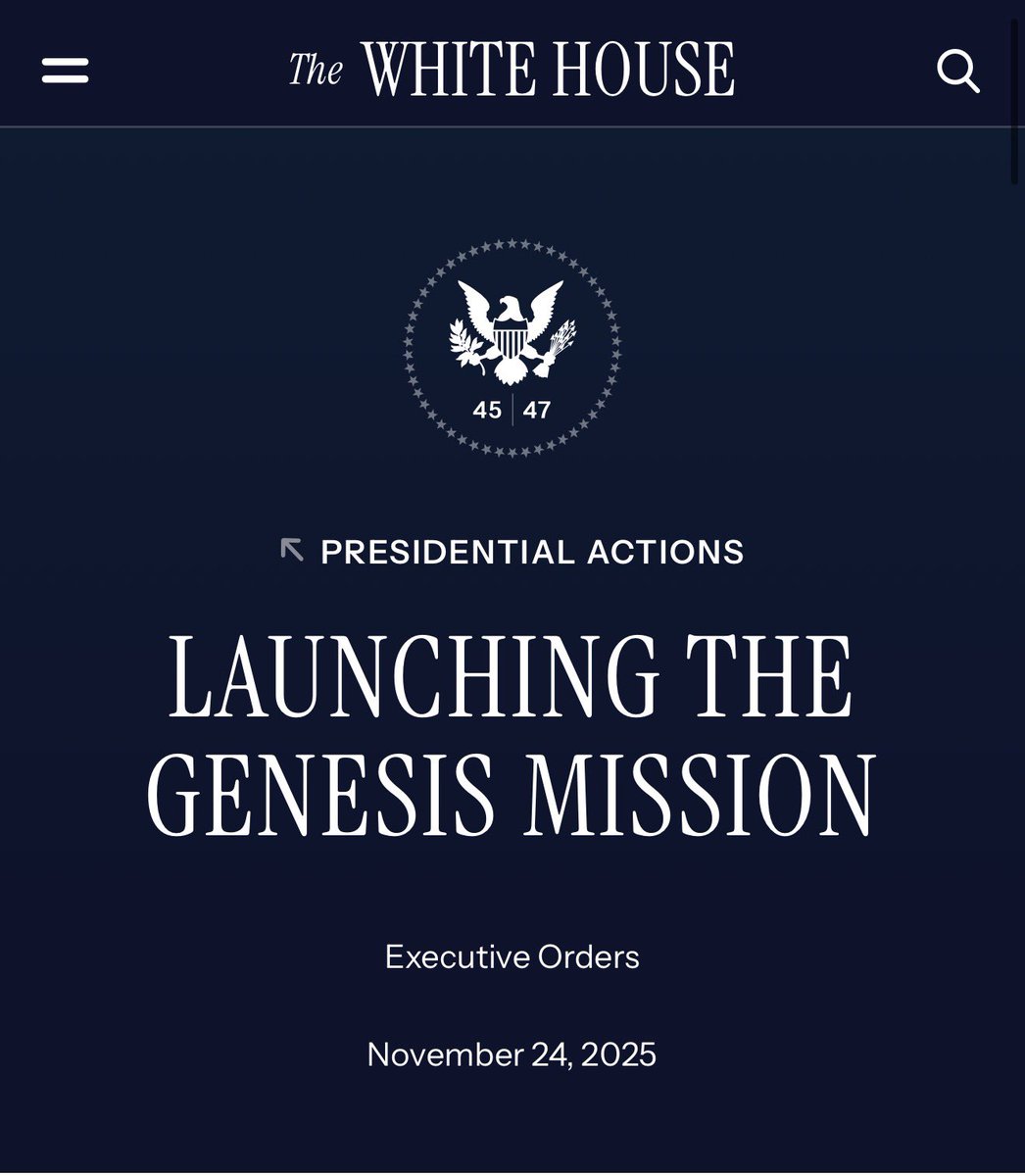 deanwball's tweet image. Very excited to see this AI for Science Executive Order—the Genesis Mission. The Administration has appropriately ambitious goals here; we may be on the verge of world-changing breakthroughs. Congratulations to all involved!