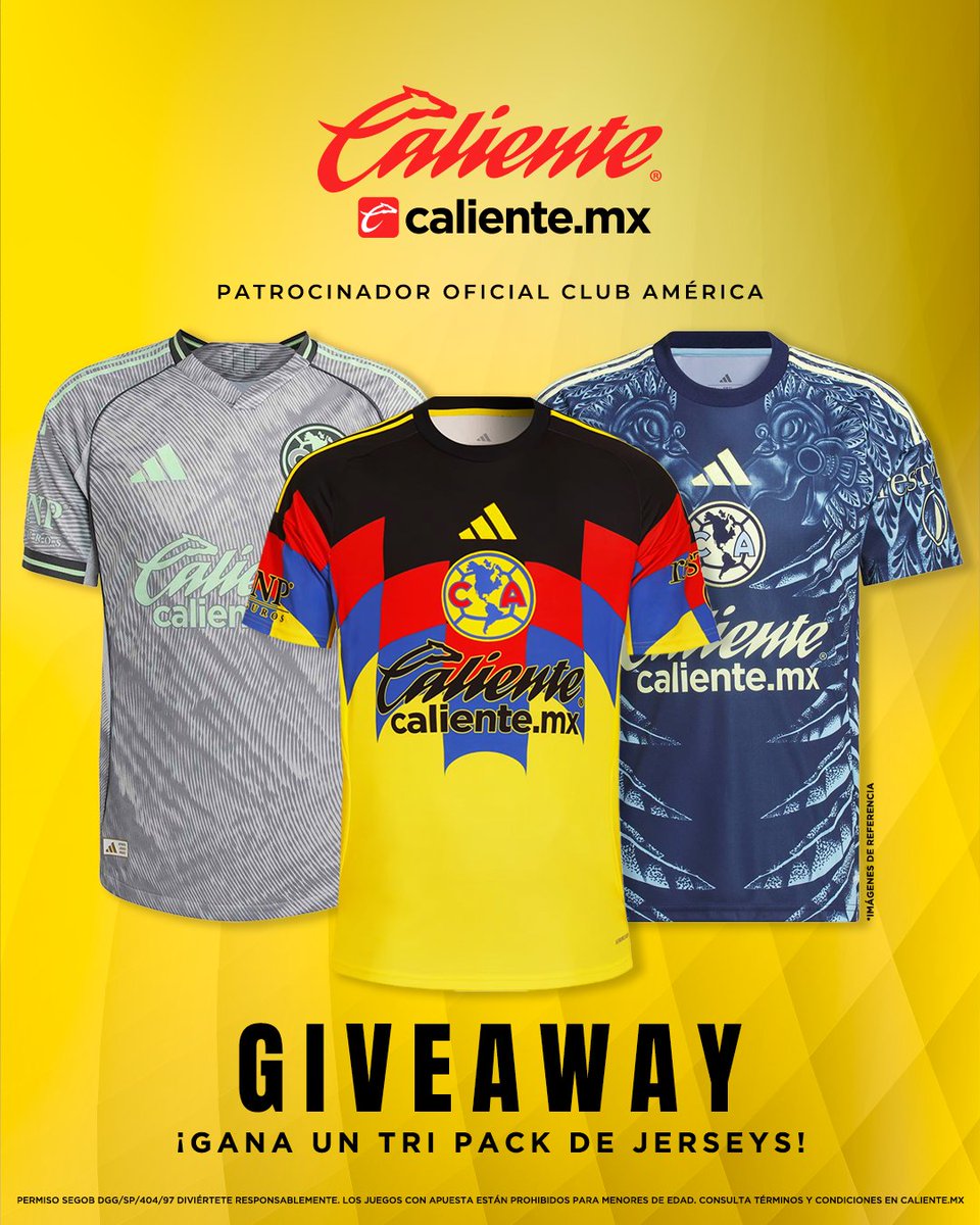 ClubAmerica's tweet image. ¡Águilas! Participen para GANAR un TRI PACK de JERSEYS previo a la IDA de CUARTOS DE FINAL junto a Caliente.mx 🦅

1️⃣ Dale RT y ❤️
2️⃣ Sigue a @calientesports en TW e IG 📲 instagram.com/caliente_sport…
3️⃣Etiqueta a un amigo, comenta tu jugador favorito del América y agrega