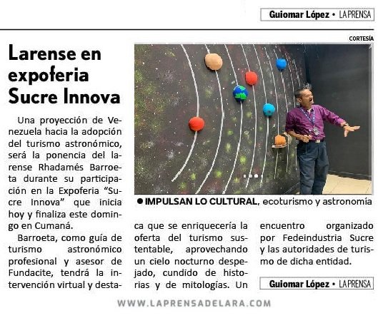 radamesbarroeta's tweet photo. Atendiendo la cordial invitación debla Lcda. Gloris Muñoz Rojas que supo ver el aporte de innovación que ofrece el Turismo Astronomico Profesional al Turismo Receptivo https://t.co/GXnQ5tw7sB