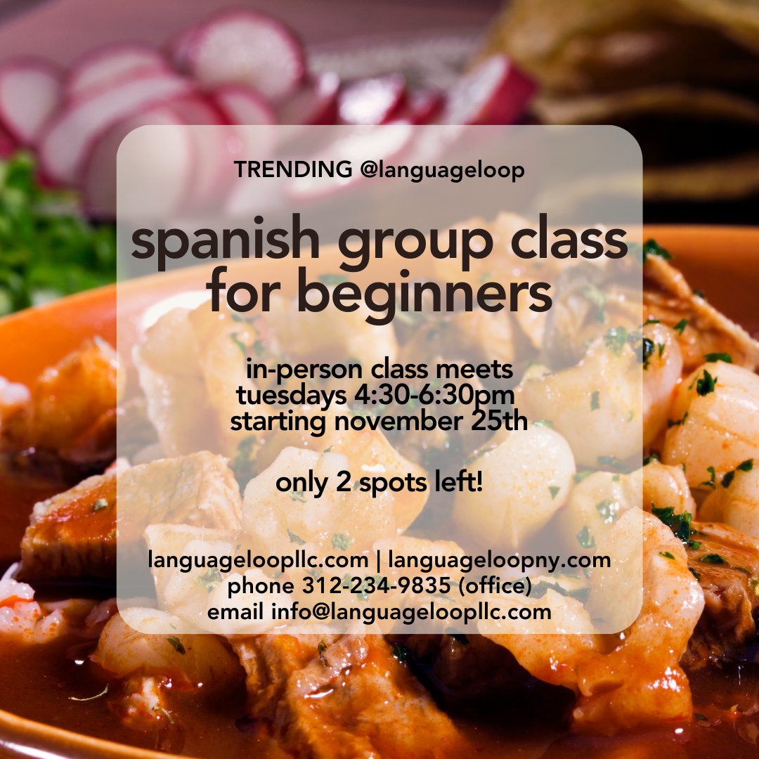 LanguageLoop's tweet image. new @languageloop 😌 beginner #spanish class starting TOMORROW!

meet us at 117 n jefferson street 60661 | #westloop #chicago

for course fees and registration, contact us!

***ask about our december special to save $ on enrollment too***

#spanishclass #languageservices…