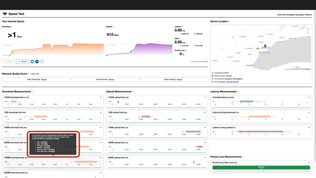 HenriHelvetica's tweet image. This is quite the speed test from @Cloudflare  + I get a CSV of the details. Like getting a fortune cookie after dinner. Raw data but still cool to have. 
speed.cloudflare.com