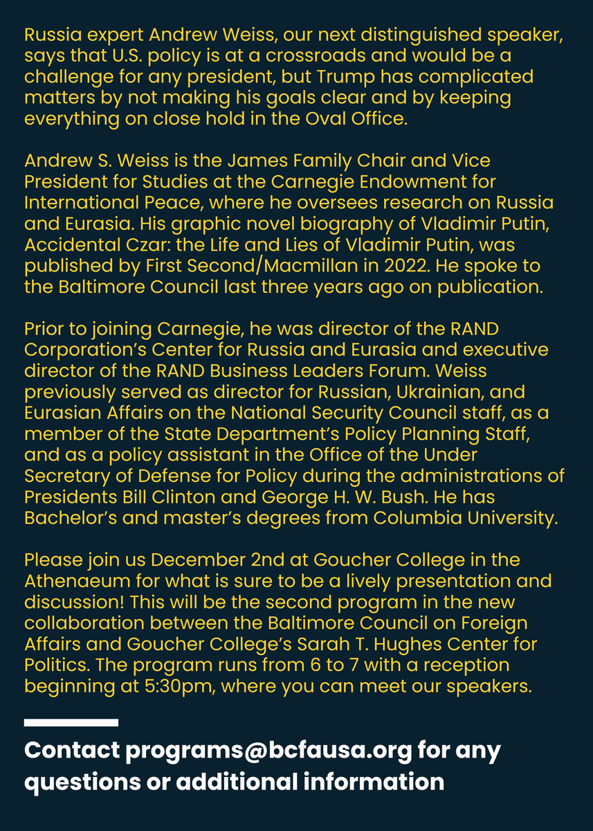 Join BCFA and the Sarah T. Hughes Center for Politics for a discussion on President Trump's policy for Russia and the conflict in Ukraine with Andrew Weiss, Vice President for Studies at the Carnegie Endowment for International Peace.  Register here: forms.gle/3vb4nwN9BGdHd7…