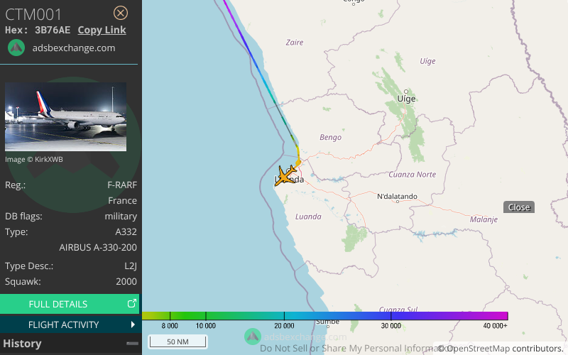 🛫 L'AIRBUS A-330-200 F-RARF CTM001 de la flotte de l'ET 060 a été détecté près de l'aéroport Quatro de Fevereiro Airport (LAD/FNLU) - Suivi: globe.adsbexchange.com/?hideSidebar&h…