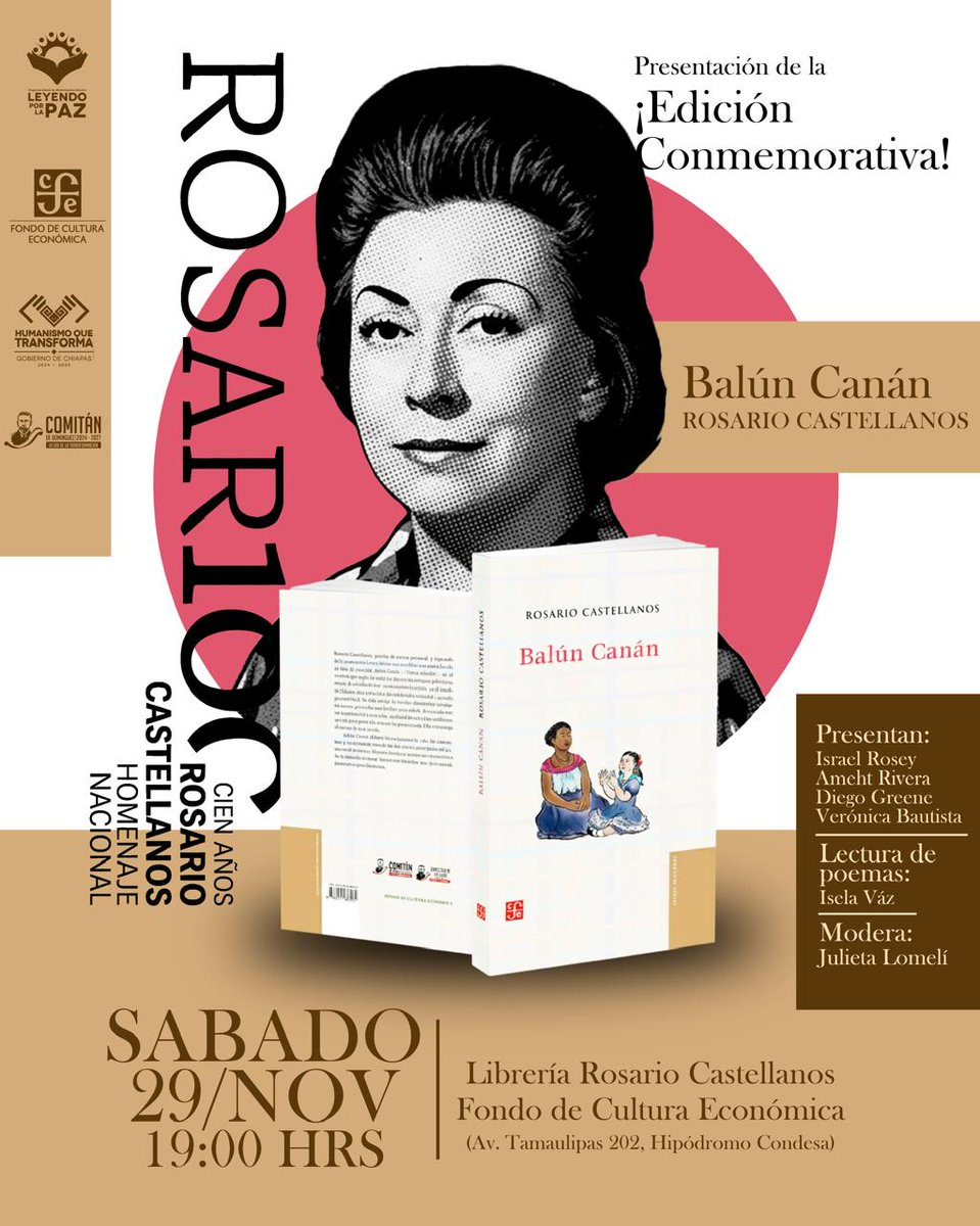 Llega la edición conmemorativa de Rosario Castellanos "Balún Canán" tendremos a grandes invitados y lectura de poemas por <a href="/Iselavaz1906/">Isela Váz</a> 
¡Te esperamos en la #LibreríaRosarioCastellanos!
🗓️29 de noviembre 
⏰19h
<a href="/FCEBellaEpoca/">FCE Bella Época</a> #RepúblicaLectora