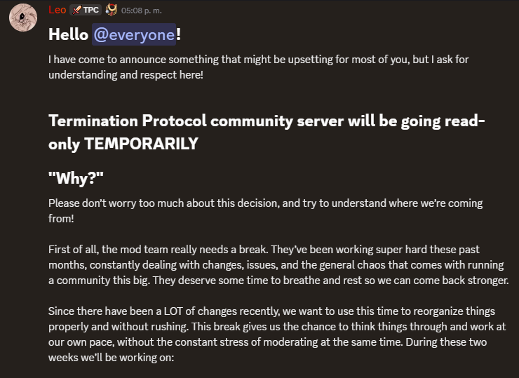 TerminationProt's tweet image. Announcement related to the discord server! hope you all understand &amp;lt;3

#terminationprotocol