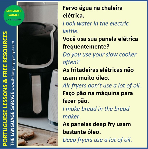 Language_Garage's tweet image. As fritadeiras elétricas não usam muito óleo. Air fryers don’t use a lot of oil. #Portuguese vocabulary for #cooking. #LearnPortuguese #languages. Click to #learn more. thelanguagegarage.com/cooking-in-por…