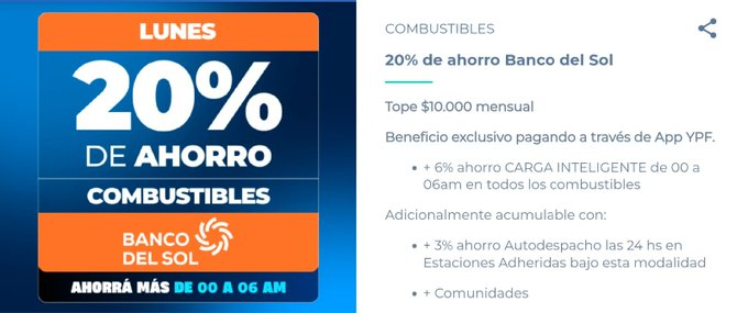 ahorrotwit's tweet photo. Todos los lunes cargando desde la app @YPFoficial con tu tarjeta de débito de @bancodelsol tenés un 20% de reintegro en @ypfoficial con tope de $10000 por mes y acumulalo con el 6% cargando de 00Hs a 6Hs y con el 3% con #Autodespacho ⛽⛽ https://t.co/tg0RCgWG7k