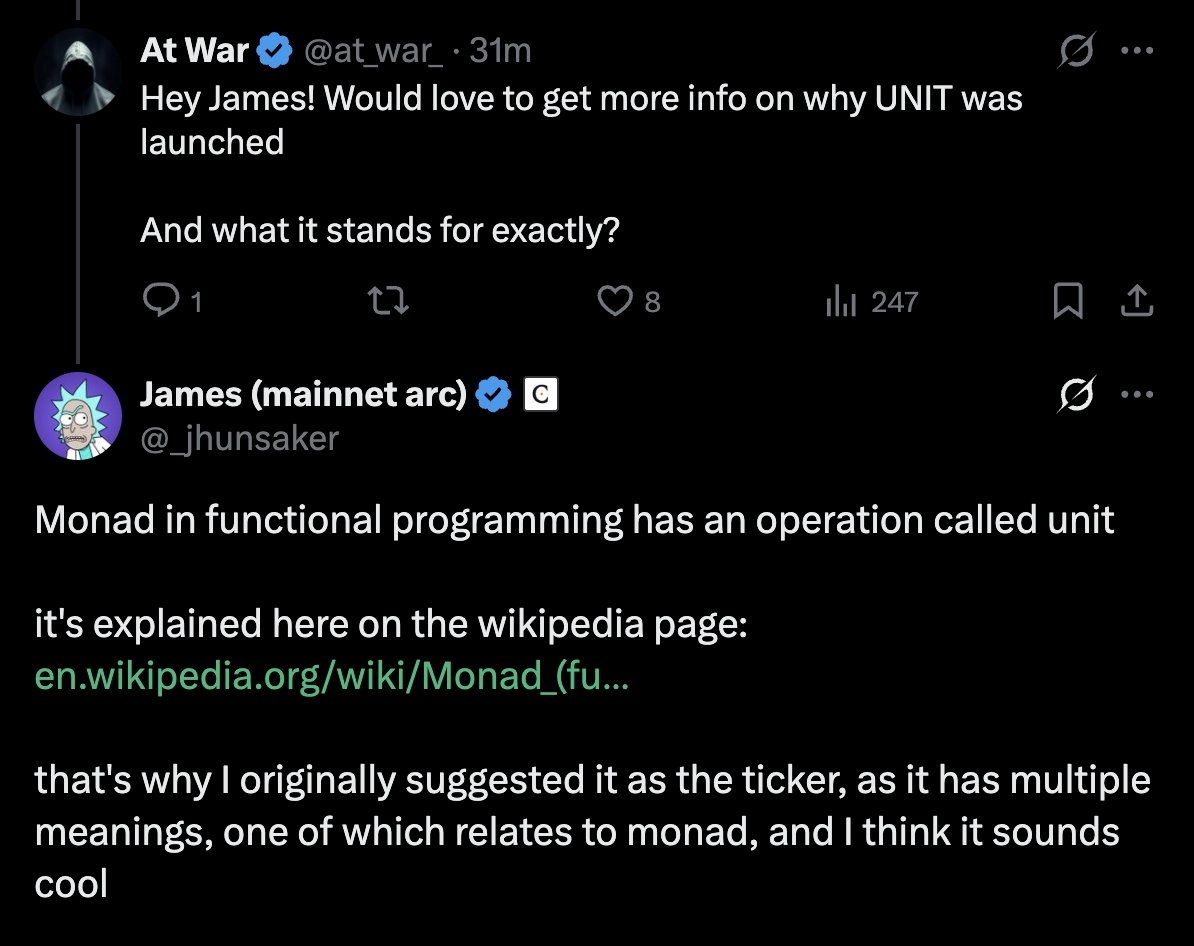 Here's a little $UNIT recap:

- <a href="/monad/">Monad (mainnet arc)</a> co-founder suggested $UNIT as monad's ticker here :
x.com/_jhunsaker/sta…

- a year later he decided to put money where his mouth was deploying capital into $UNIT :
x.com/_jhunsaker/sta…

- $UNIT was deployed early, with some suggesting
