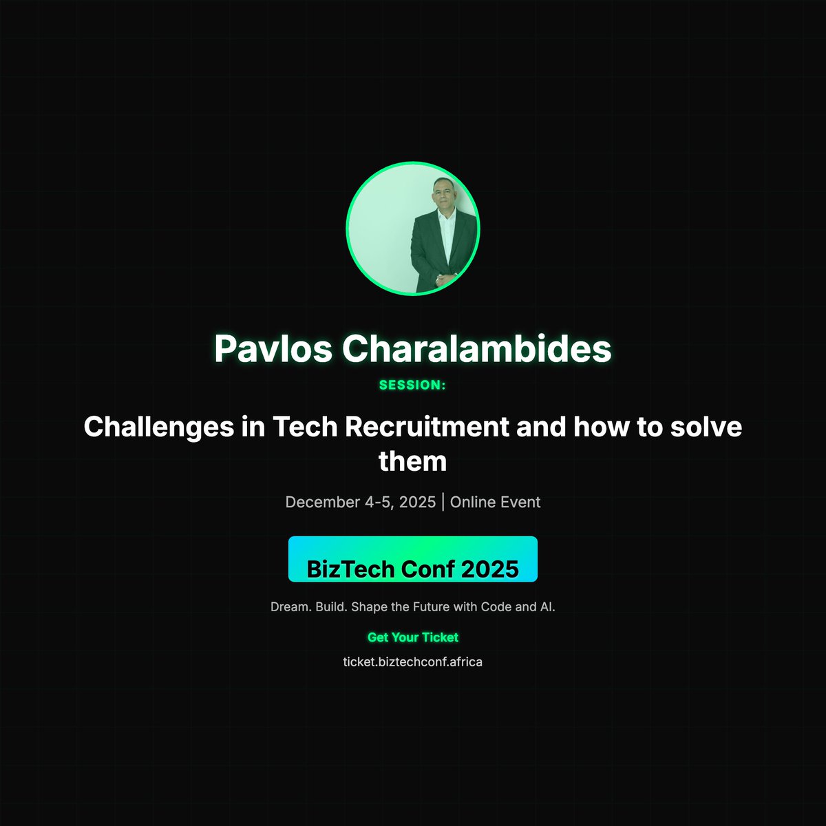 BizTechConf's tweet image. 🎤 Pavlos Charalambides at BizTech Conf 2025!

📢 &quot;Challenges in Tech Recruitment and how to solve them&quot;

#BizTechConf2025 #TechConference

🎫 ticket.biztechconf.africa